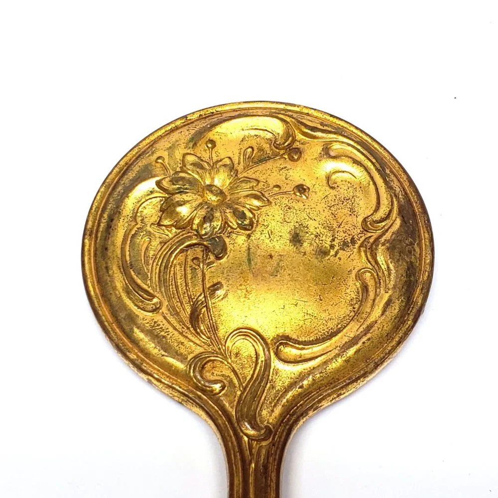 Art Noveau Vanity Mirror Lot Chatelaine Hand Beveled Antique Daisy Flower